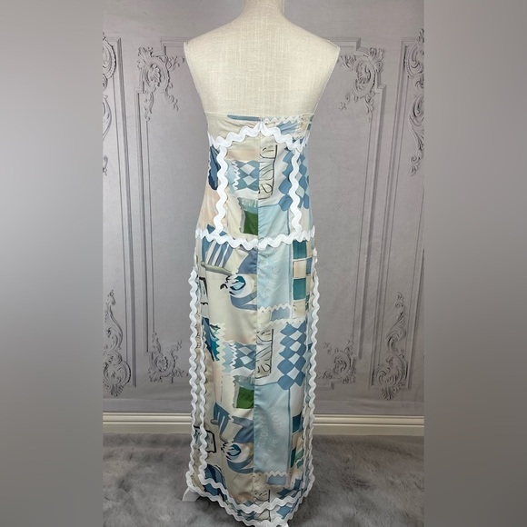 Casual Ribbon Trim Tile Print Tuscany Floral Strapless Bohemian Dress - Picture 7 of 13